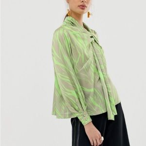 ASOS WHITE printed tie neck top NWT